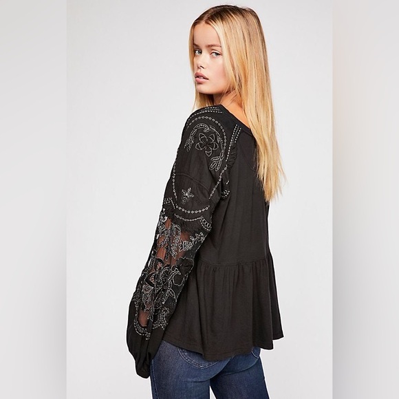 Free People Embroidered Peplum Penny Tee Black XS - Picture 9 of 10